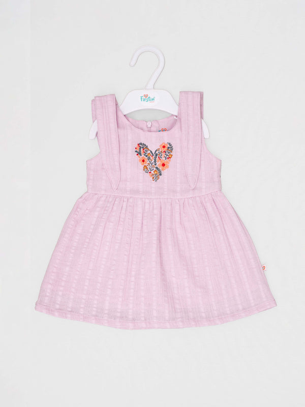 FIRSTIN Seer Sucker Muslin Self Knotted Frock With Embroidery Lavender