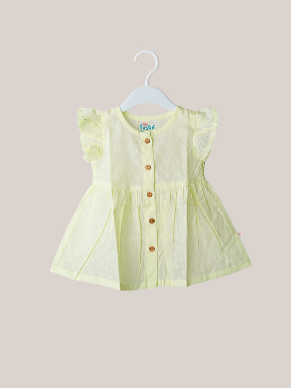 FIRSTIN Swiss Dobby Half Sleeve Casual Frock - Lime Cream