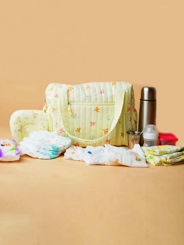 FIRSTIN Muslin Lime Cream Bloom Printed Diaper Bag 40X28X14CM