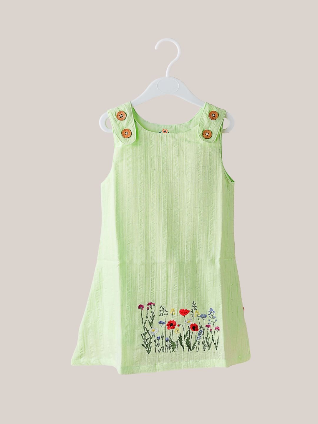 Seer Sucker Muslin Shoulder Button  Frock With Embroidery Lt.Green
