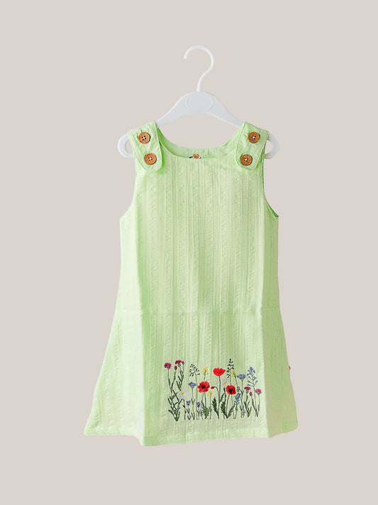 Seer Sucker Muslin Shoulder Button  Frock With Embroidery Lt.Green