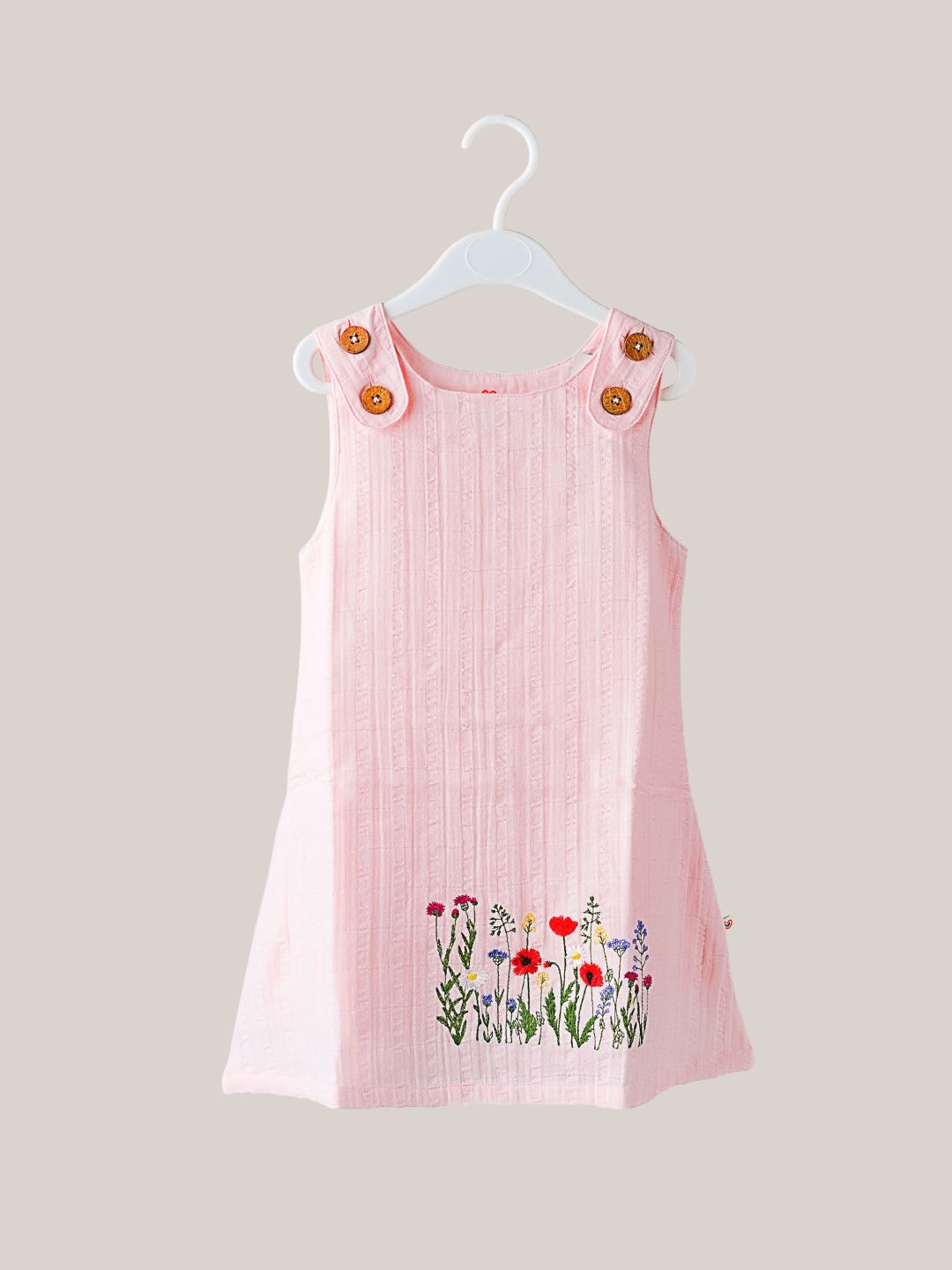 Seer Sucker Muslin Shoulder Button Frock With Embroidery Light Pink