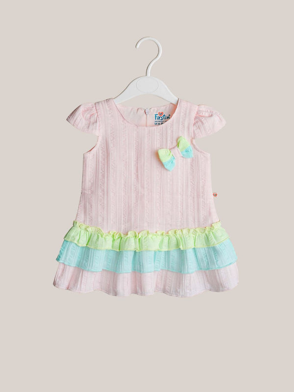 FIRSTIN Seer Sucker Muslin Fusion Frock - Lt. Pink