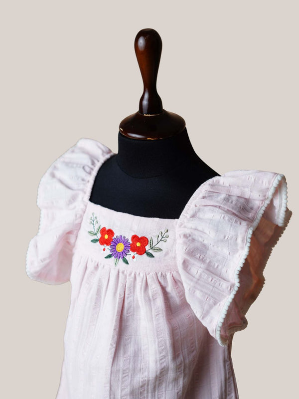Firstin Muslin Seer Sucker Flutter Sleeve Frock - Lt Pink