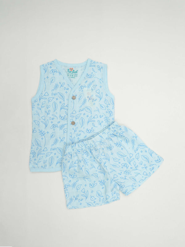 FIRSTIN Muslin Jabla-Shorts Set Sleeveless - Blue Shrubs