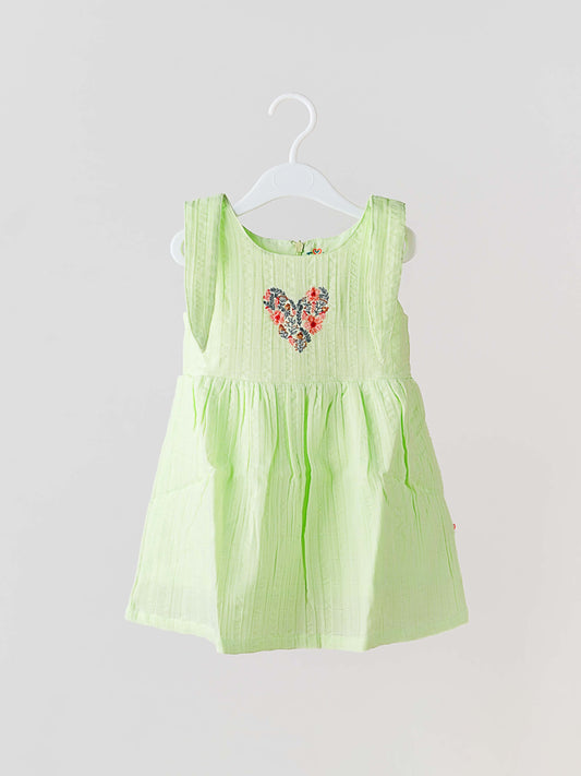 Seer Sucker Muslin Self Knotted Frock With Embroidery Lt. Green