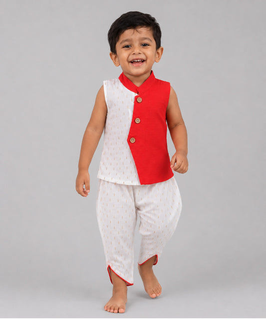 Lurex Dobby Waist Coat-Dhoti Pant - Carmine