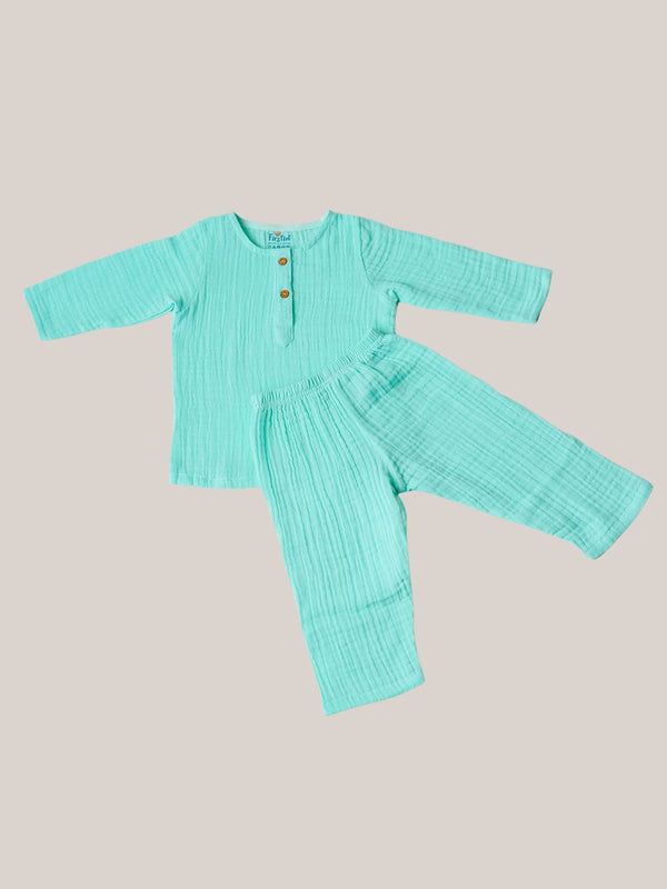 FIRSTIN Muslin Bubble Crinkle Pyjamas Set - Marine