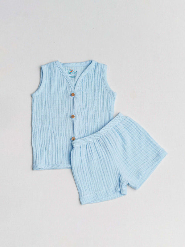FIRSTIN Muslin Bubble Crinkle Jabla-Shorts Set (Loops) Sleeveless - Solid Aqua