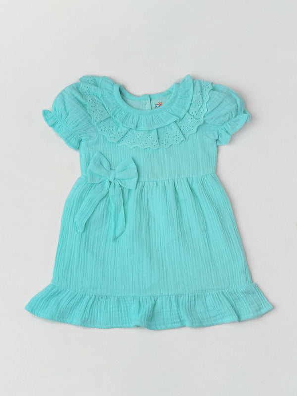 FIRSTIN Muslin Bubble Crinkle Frock (Frill Bow) - Marine