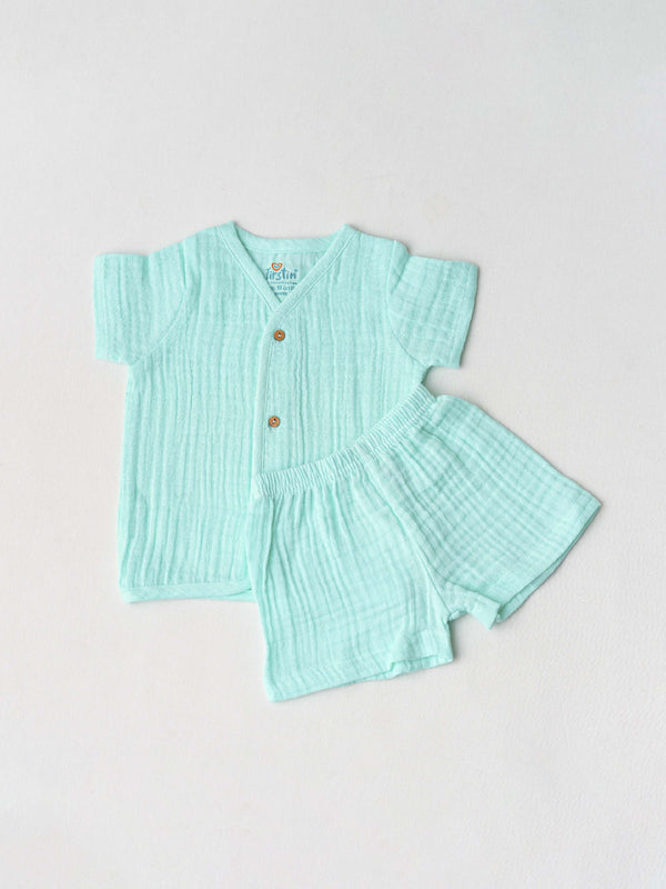 FIRSTIN Muslin Bubble Crinkle Jabla-Shorts Set (Loops) Half Sleeve - Solid Marine