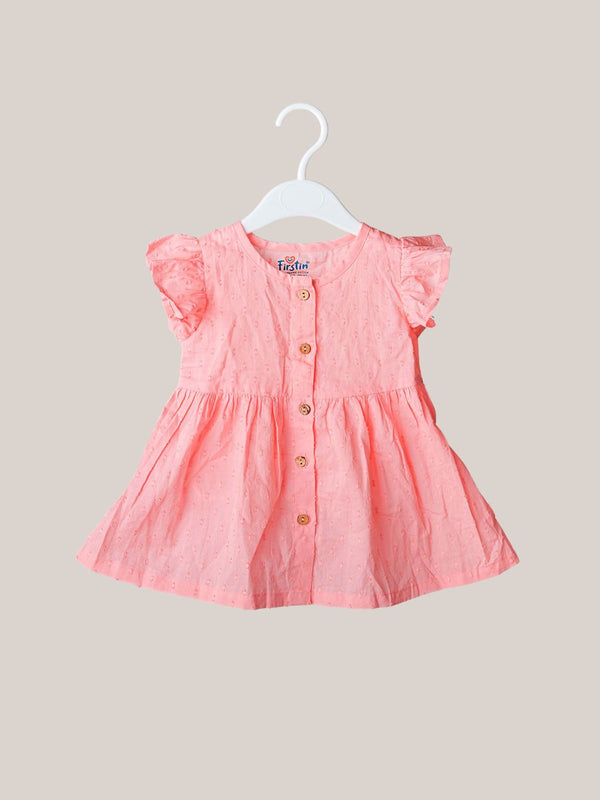 FIRSTIN Swiss Dobby Half Sleeve Casual Frock - Melon Pink