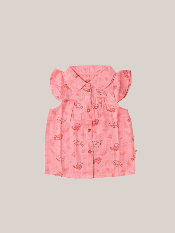 FIRSTIN Muslin Collar Neck Frock - Melon Pink Sparrow