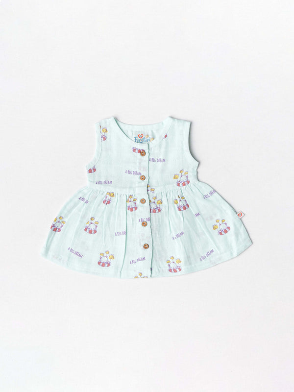 FIRSTIN Muslin Front Open Sleeveless Frock - Mint Big Dream