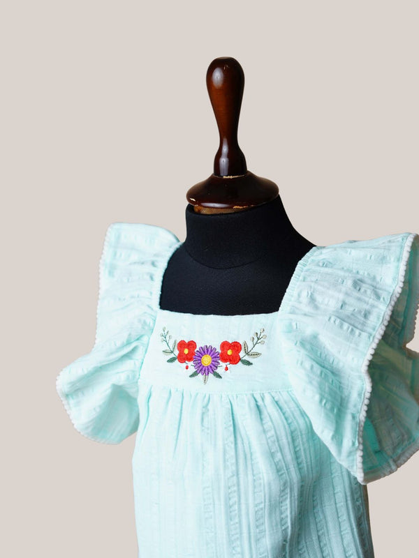 Firstin Muslin Seer Sucker Flutter Sleeve Frock - Mint