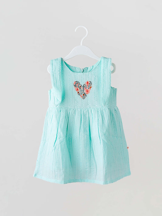 Seer Sucker Muslin Self Knotted Frock With Embroidery MInt