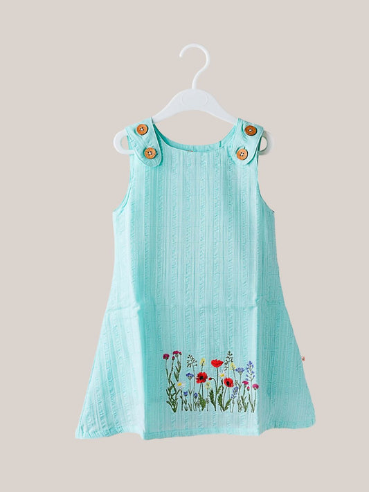 Seer Sucker Muslin Shoulder Button Frock With Embroidery Mint