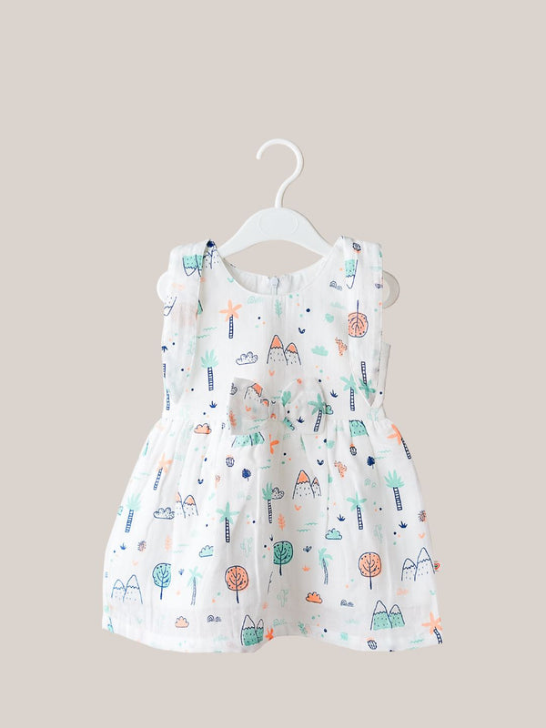 FIRSTIN Muslin White Base Mint Cliff Self Knotted Frock With Bow