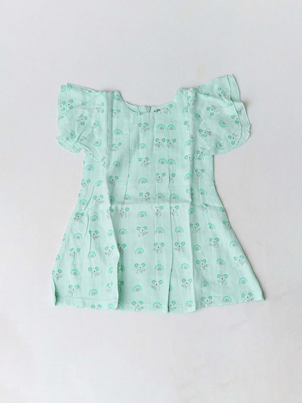 FIRSTIN Muslin Butterfly Sleeve Frock - Mint Koala