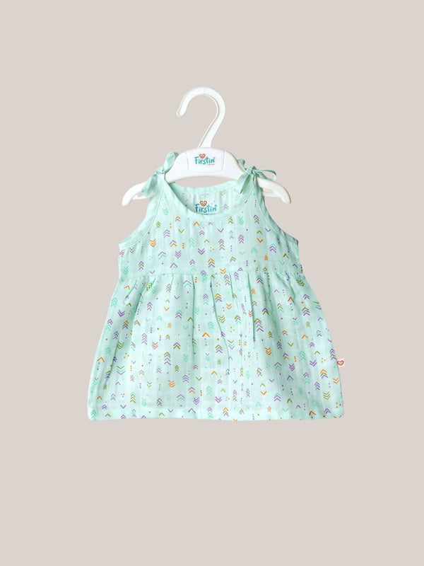 FIRSTIN Muslin Knotted Frock - Mint Multi Arrows