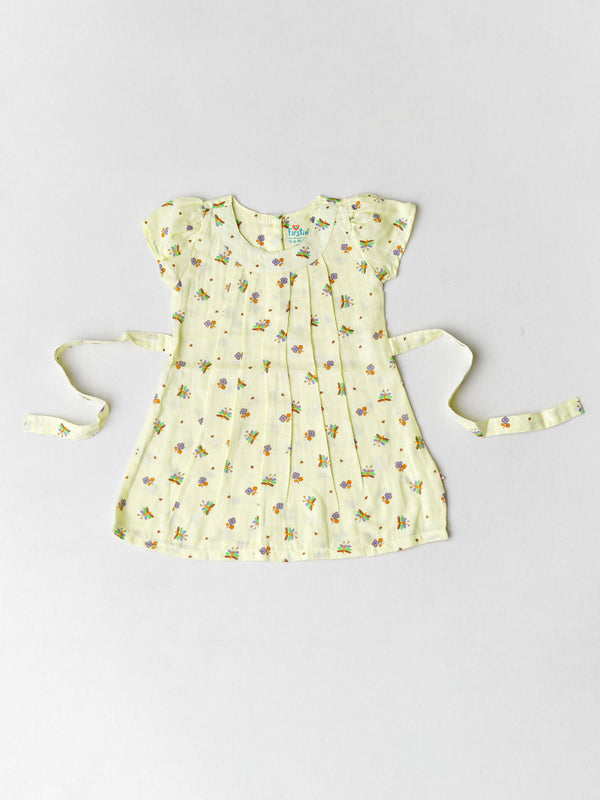 FIRSTIN Muslin Cap Sleeve Frock - Lt. Yellow Monarch