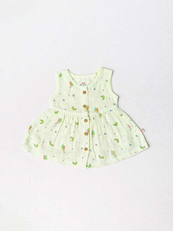 FIRSTIN Muslin Front Open Sleeveless Frock - Fluo Green Moon