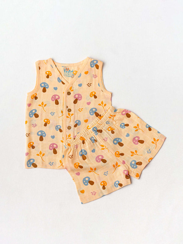 FIRSTIN Muslin Jabla-Shorts Set Sleeveless - Apricot Sherbet Mushies
