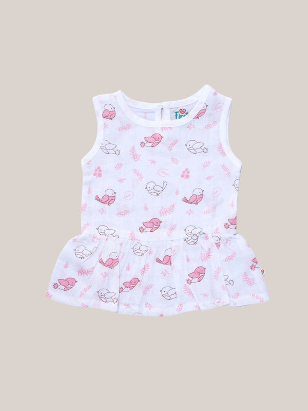 FIRSTIN Muslin Frock Back Button - (W) Melon Pink Sparrow