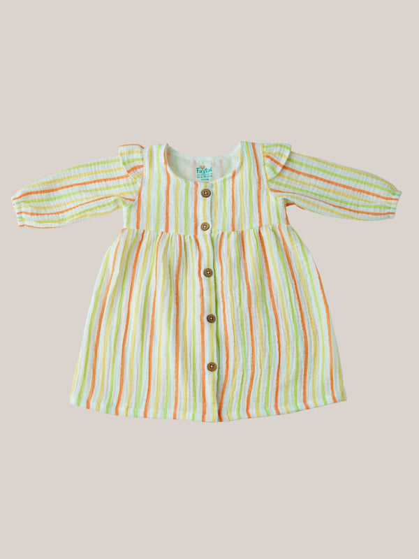 FIRSTIN Y/D Muslin Crinkle Breezy Frock Full Sleeve - Awning Stripe