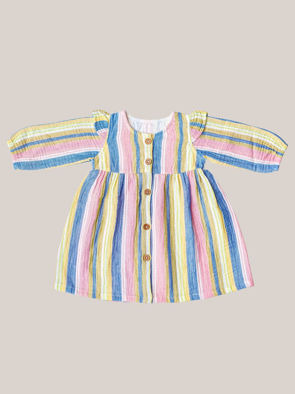 FIRSTIN Y/D Muslin Crinkle Breezy Frock Full Sleeve - Balanced Stripe
