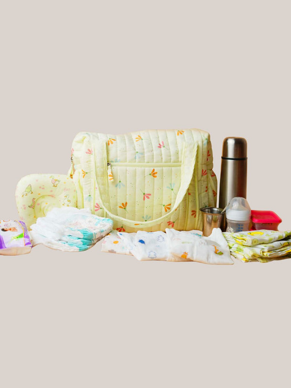 FIRSTIN Muslin Lime Cream Bloom Printed Diaper Bag 40X28X14CM