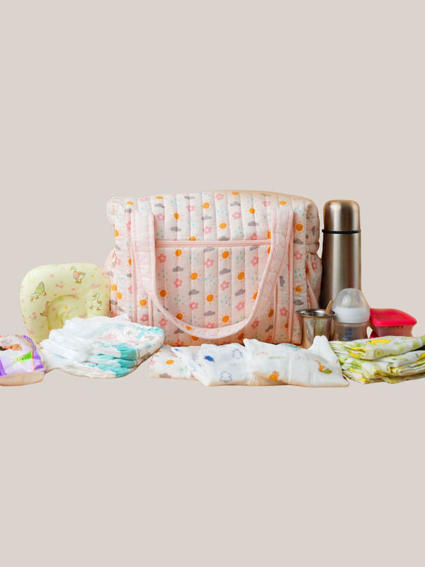 FIRSTIN Muslin Salsa Rose Daisy Cloud Printed Diaper Bag 40X28X14CM