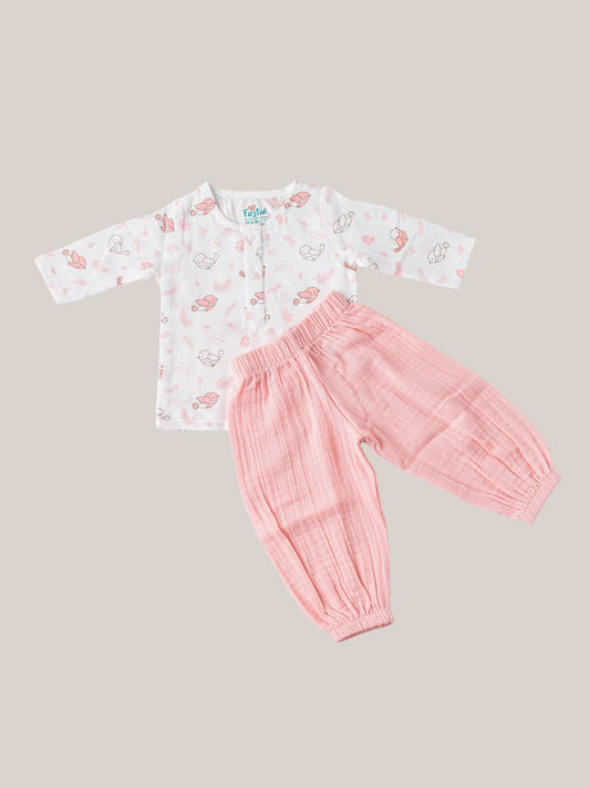 Muslin Pyjama Patiala Set - (W) Melon Pink Sparrow