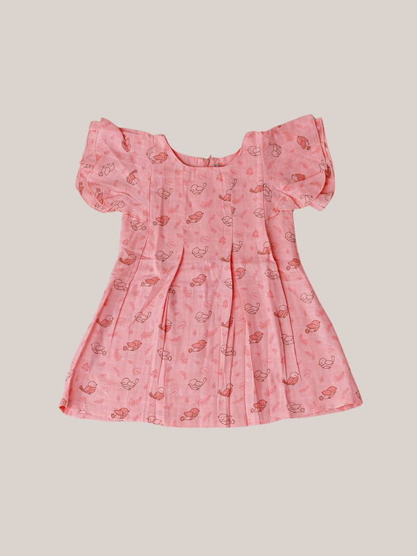 FIRSTIN Muslin Butterfly Sleeve Frock - Melon Pink Sparrow