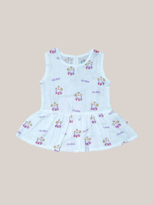 FIRSTIN Muslin Frock Back Button - (W) White Big Dream