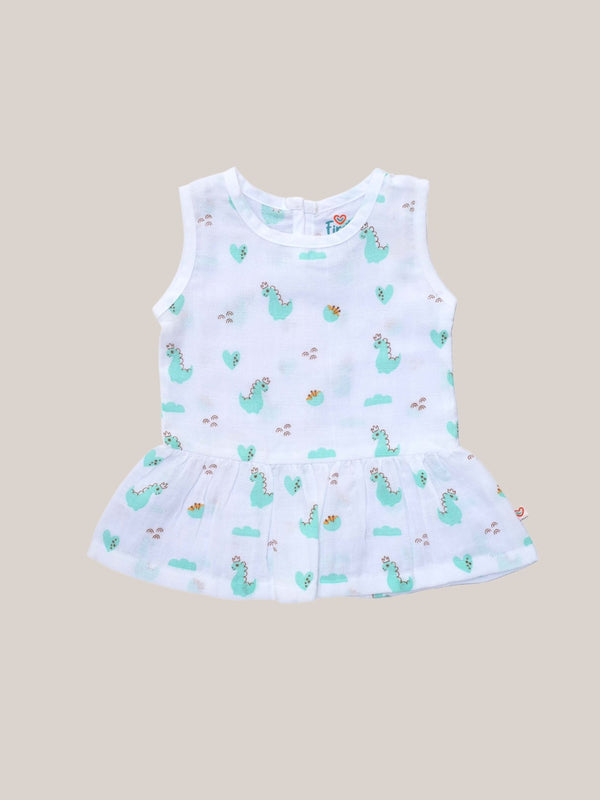 FIRSTIN Muslin Frock Back Button - (W) Frost Dino Crown