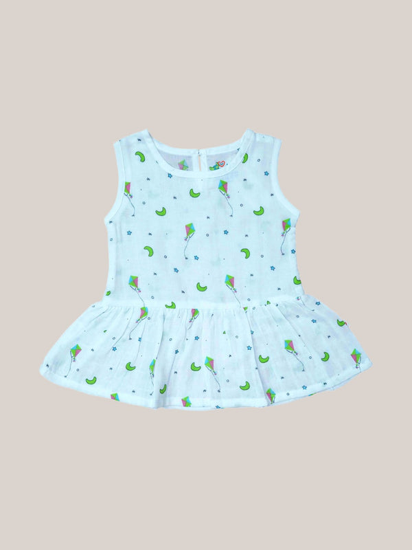 FIRSTIN Muslin Frock Back Button - (W) Fluo Green Moon