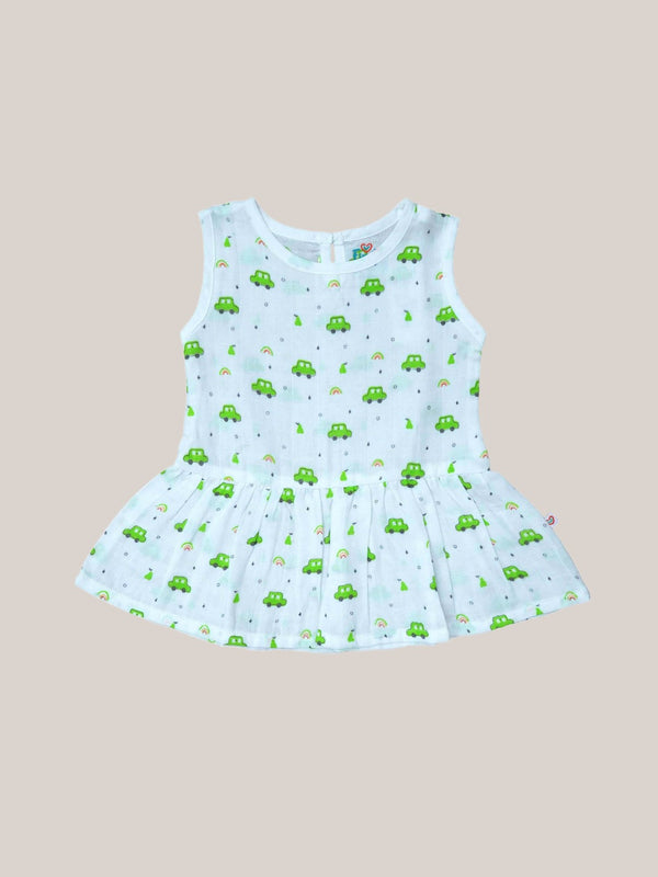 FIRSTIN Muslin Frock Back Button - White Base Pears