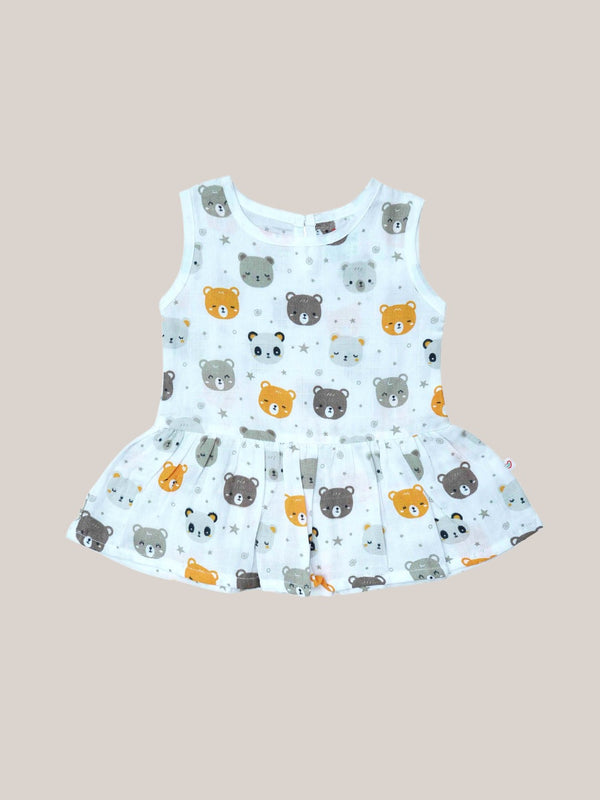 FIRSTIN Muslin Frock Back Button - Teddy Head