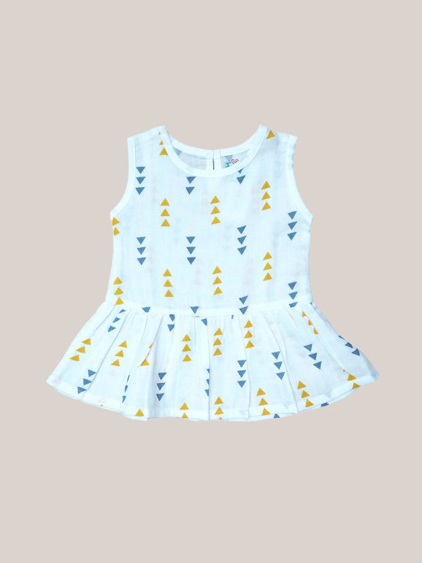 FIRSTIN Muslin Frock Back Button - Yellow Triangle