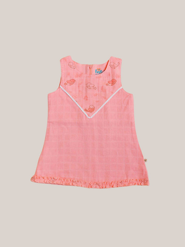 FIRSTIN Muslin Boho Frock Sleeveless - Melon Pink Sparrow