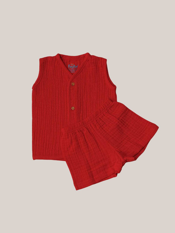 FIRSTIN Muslin Bubble Crinkle Jabla-Shorts Set Sleeveless - Carmine