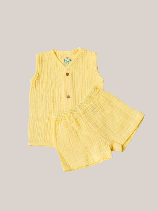 FIRSTIN Muslin Bubble Crinkle Jabla-Shorts Set Sleeveless - Crayola