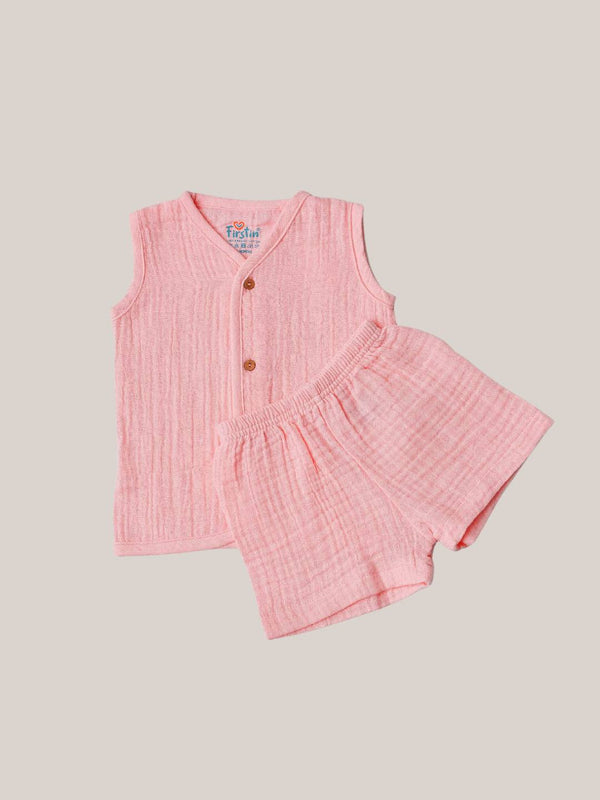FIRSTIN Muslin Bubble Crinkle Jabla-Shorts Set Sleeveless - Flamingo Pink