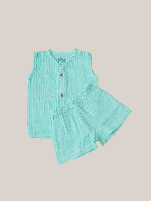 FIRSTIN Muslin Bubble Crinkle Jabla-Shorts Set Sleeveless - Marine