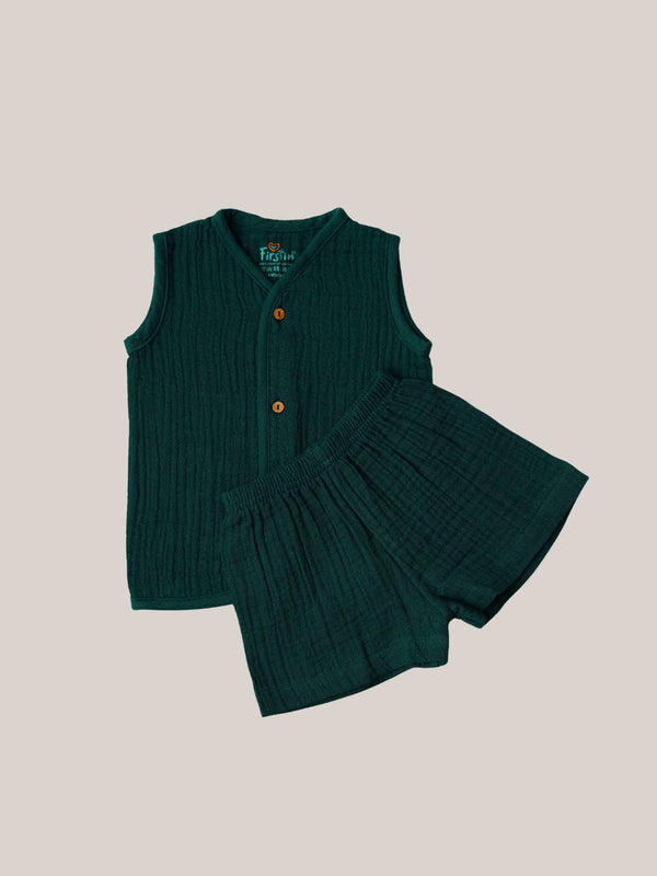 FIRSTIN Muslin Bubble Crinkle Jabla-Shorts Set Sleeveless - Opal