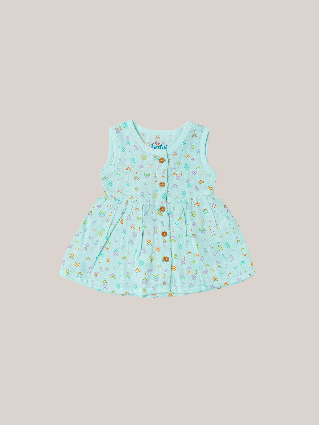 Muslin Front Open Sleeveless Frock - Mint Multi Arrows