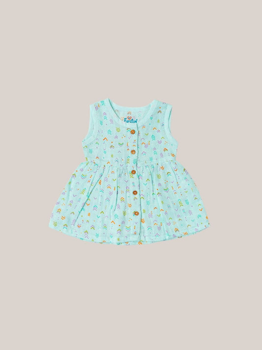 FIRSTIN Muslin Front Open Sleeveless Frock - Mint Multi Arrows