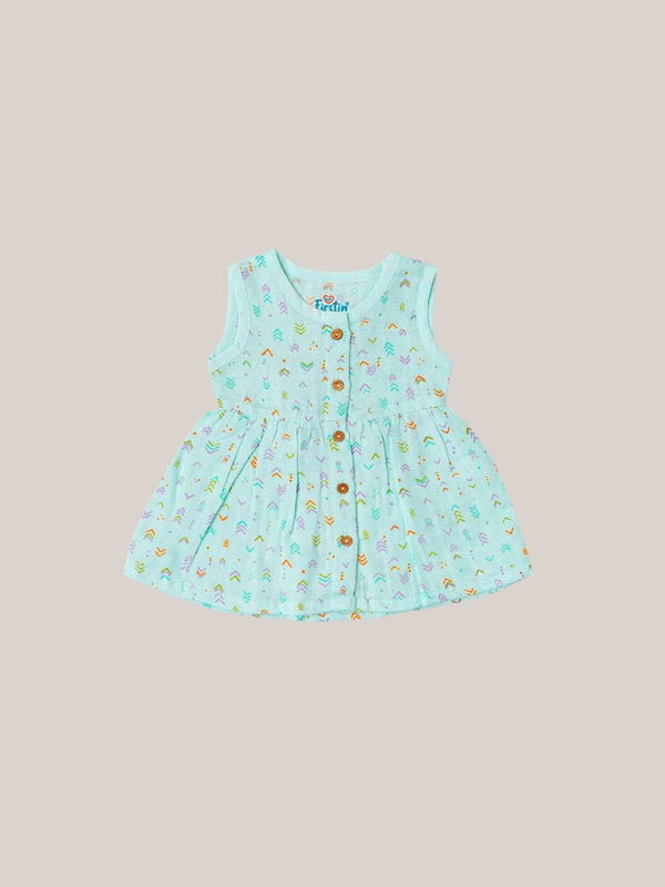 FIRSTIN Muslin Front Open Sleeveless Frock - Mint Multi Arrows