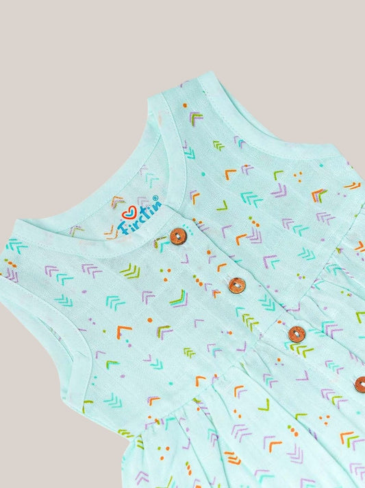 FIRSTIN Muslin Front Open Sleeveless Frock - Mint Multi Arrows